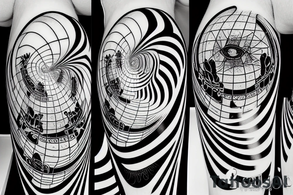 staircase with black and white tiled floor and mirror reflection spheres tattoo idea