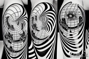 staircase with black and white tiled floor and mirror reflection spheres tattoo idea