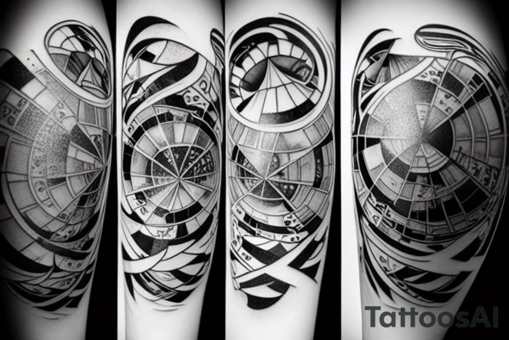 staircase with black and white tiled floor and mirror reflection spheres tattoo idea