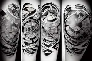 staircase with black and white tiled floor and mirror reflection spheres tattoo idea