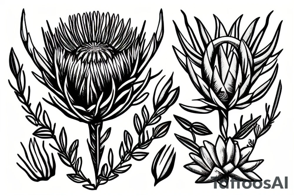 protea with gemsbok skull around fynbos tattoo idea