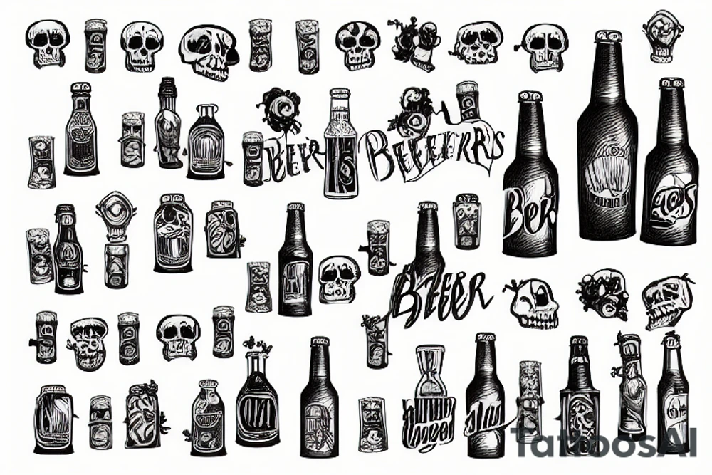 two skeleton arms have a toast with beer bottles tattoo idea