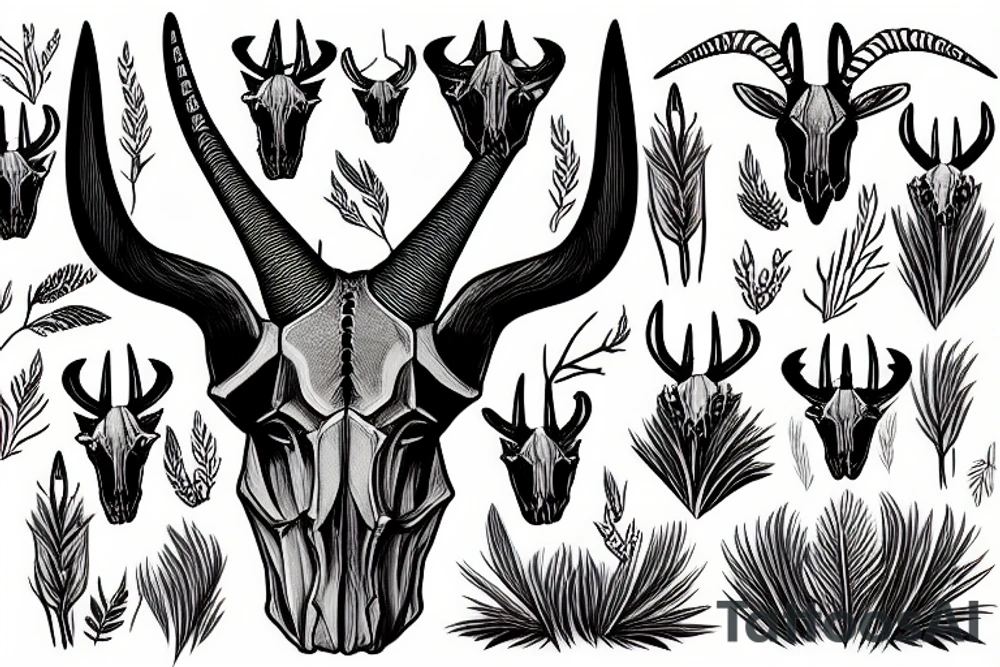 gemsbok skull with fynbos background tattoo idea