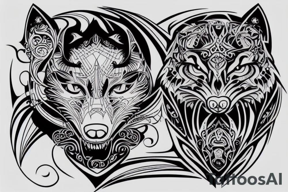 wolf and cat looking at MMA octagon tattoo idea