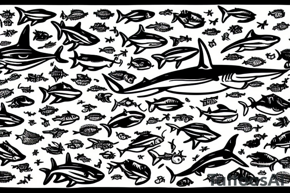 A hammerhead shark from the top surrounded by little fish tattoo idea