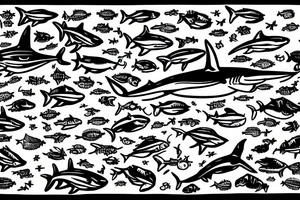 A hammerhead shark from the top surrounded by little fish tattoo idea
