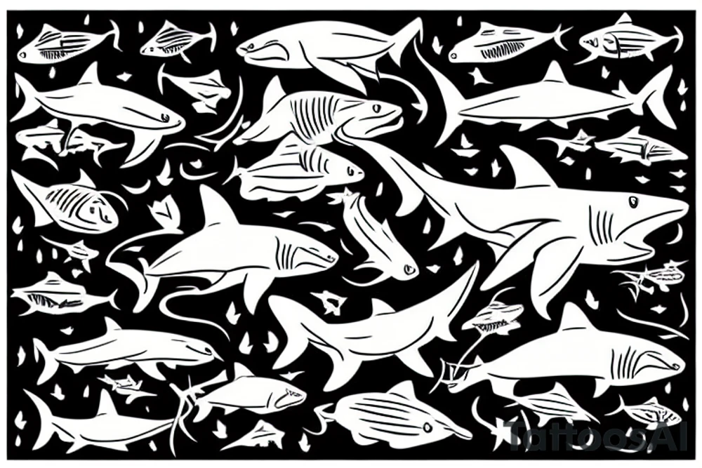A hammerhead shark from the top surrounded by little fish tattoo idea