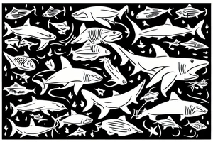 A hammerhead shark from the top surrounded by little fish tattoo idea