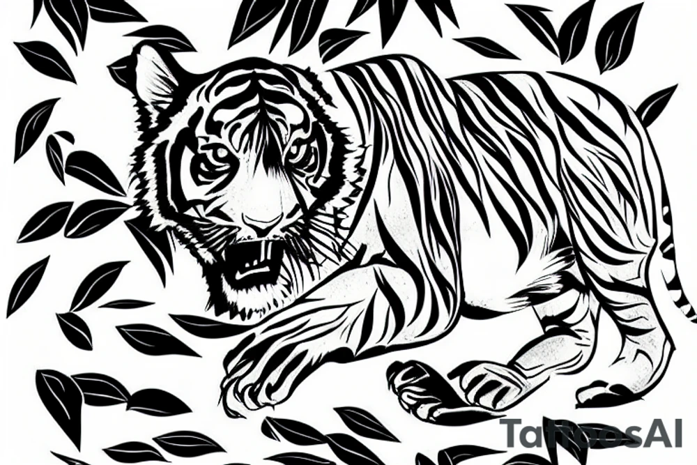 Tiger runs through bamboo forest tattoo idea