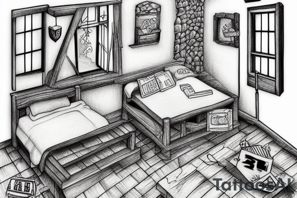 Room in a rustic cottage with a window tattoo idea