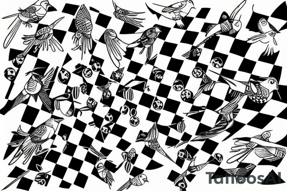 a warped Checkerboard with glass marbles on top and cartoon birds fly in formation tattoo idea