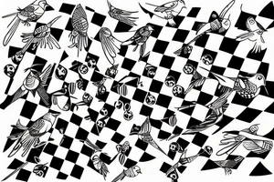 a warped Checkerboard with glass marbles on top and cartoon birds fly in formation tattoo idea