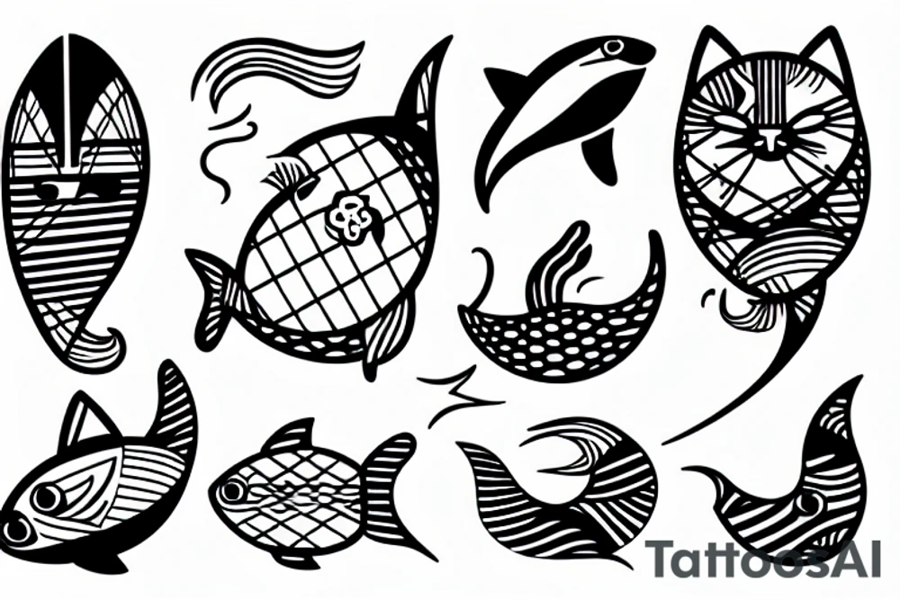 A cat swimming like a fish in the sea while a sailing boat play with him tattoo idea