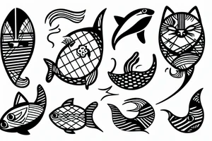 A cat swimming like a fish in the sea while a sailing boat play with him tattoo idea