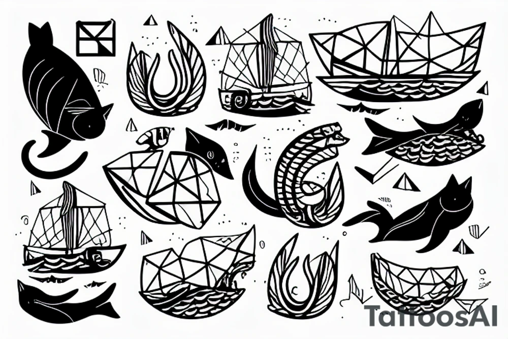 A cat swimming like a fish in the sea while a sailing boat play with him tattoo idea