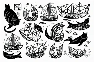 A cat swimming like a fish in the sea while a sailing boat play with him tattoo idea
