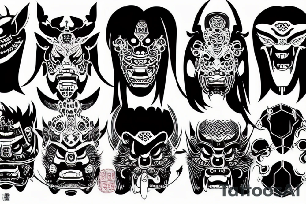 A japanese oni mask cyberpunk style tattoo idea