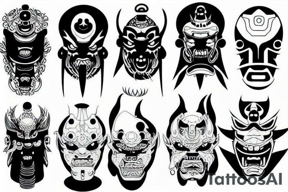 A japanese oni mask cyberpunk style tattoo idea