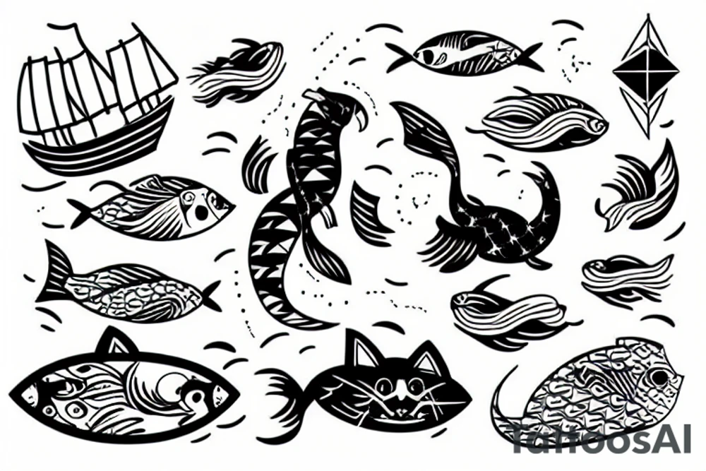 A cat swimming like a fish in the sea while a sailing boat play with him tattoo idea