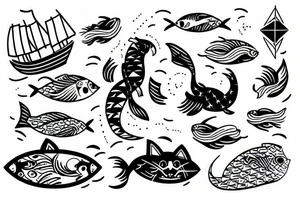 A cat swimming like a fish in the sea while a sailing boat play with him tattoo idea