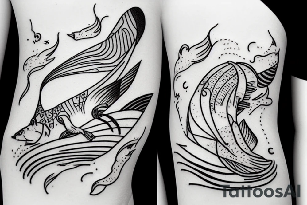 A cat swimming like a fish in the sea while a sailing boat play with him tattoo idea