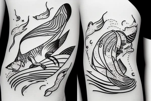 A cat swimming like a fish in the sea while a sailing boat play with him tattoo idea