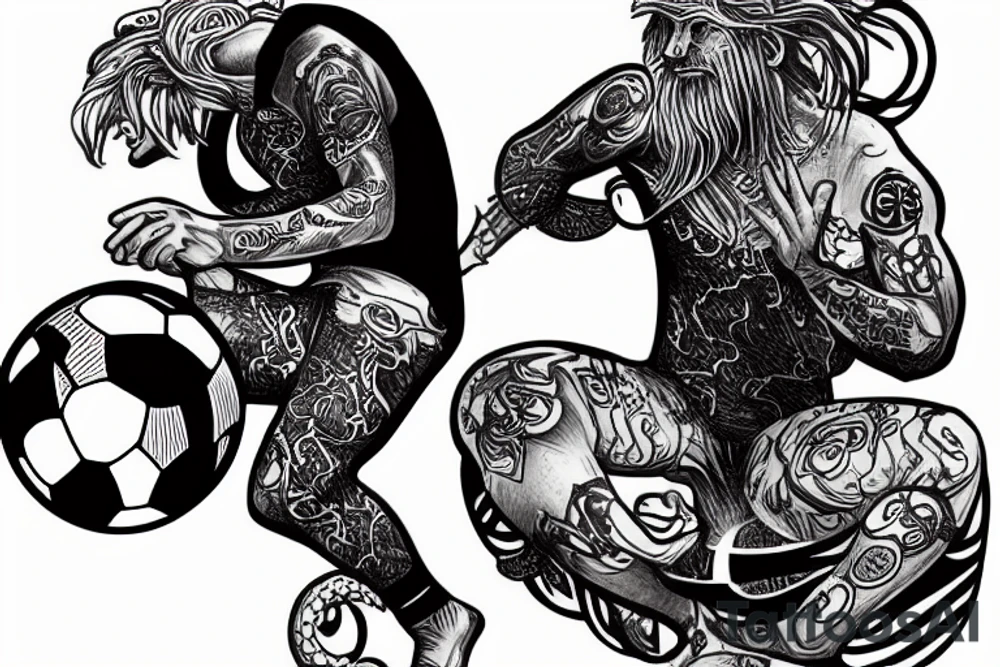 Leo Messi with octopus like legs playing with a soccer ball tattoo idea