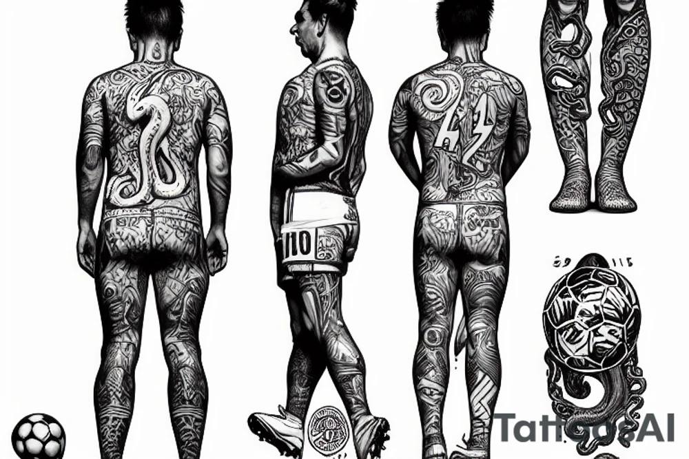 A soccer player with Leo Messi head and octopus legs. tattoo idea