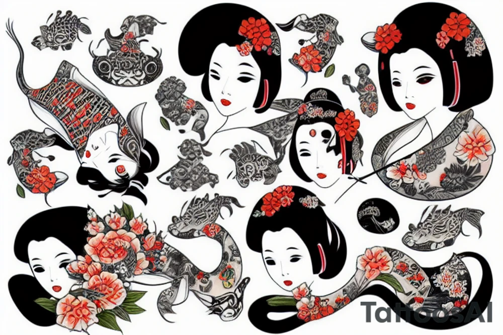 Geisha whit I I Ma and koi fish tattoo idea