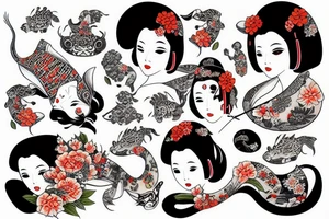 Geisha whit I I Ma and koi fish tattoo idea