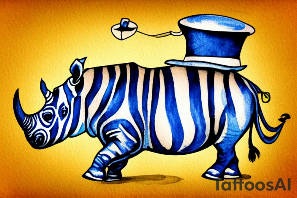 Rhino with a tophat and monocle riding a blue and yellow zebra tattoo idea