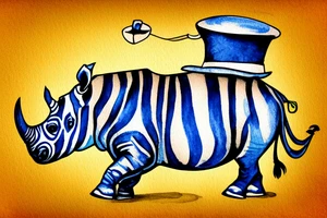 Rhino with a tophat and monocle riding a blue and yellow zebra tattoo idea