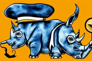 Rhino with a tophat and monocle riding a blue and yellow zebra tattoo idea