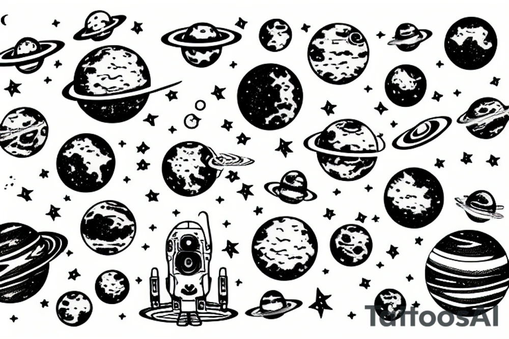 the galaxy showing planets, moons, stars, a spaceship and a floating astronaut in space tattoo idea