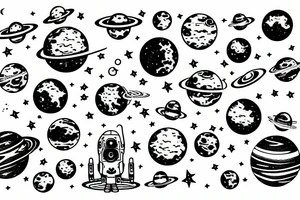 the galaxy showing planets, moons, stars, a spaceship and a floating astronaut in space tattoo idea