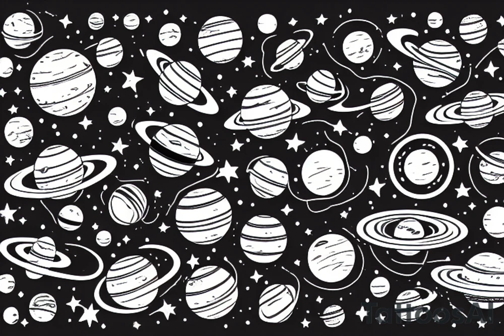 the galaxy showing planets, moons, stars, a spaceship and a floating astronaut in space tattoo idea