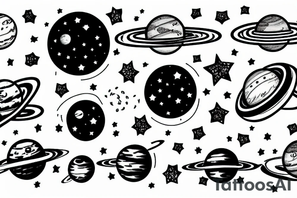 the galaxy showing planets, moons, stars, a spaceship and a floating astronaut tattoo idea