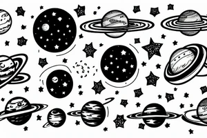 the galaxy showing planets, moons, stars, a spaceship and a floating astronaut tattoo idea