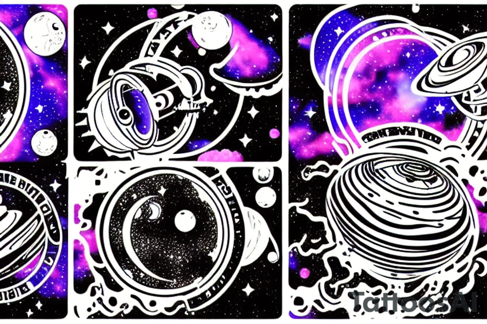 the galaxy showing planets, moons, stars, a spaceship and a floating astronaut tattoo idea