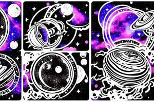 the galaxy showing planets, moons, stars, a spaceship and a floating astronaut tattoo idea