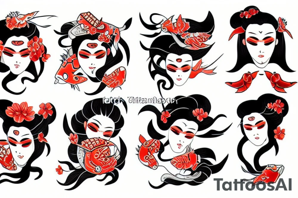 Geisha whit oni mask and koi fish tattoo idea