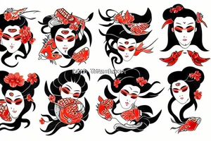 Geisha whit oni mask and koi fish tattoo idea