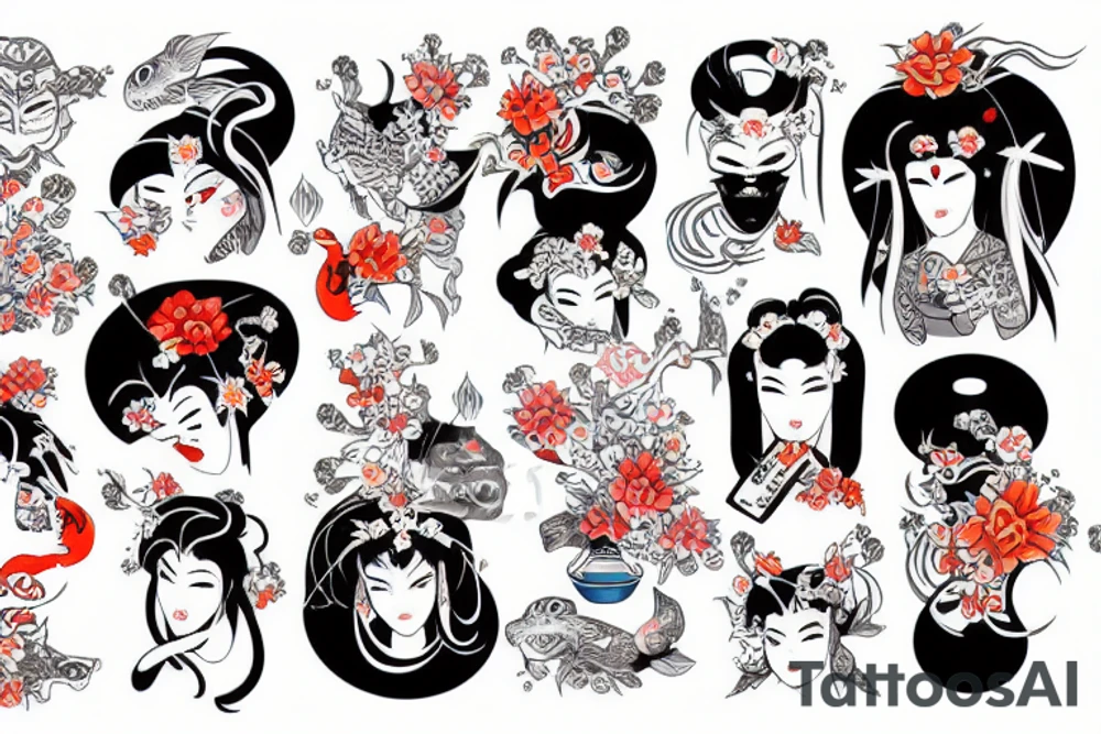 Geisha whit oni mask and koi fish tattoo idea