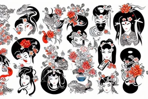 Geisha whit oni mask and koi fish tattoo idea
