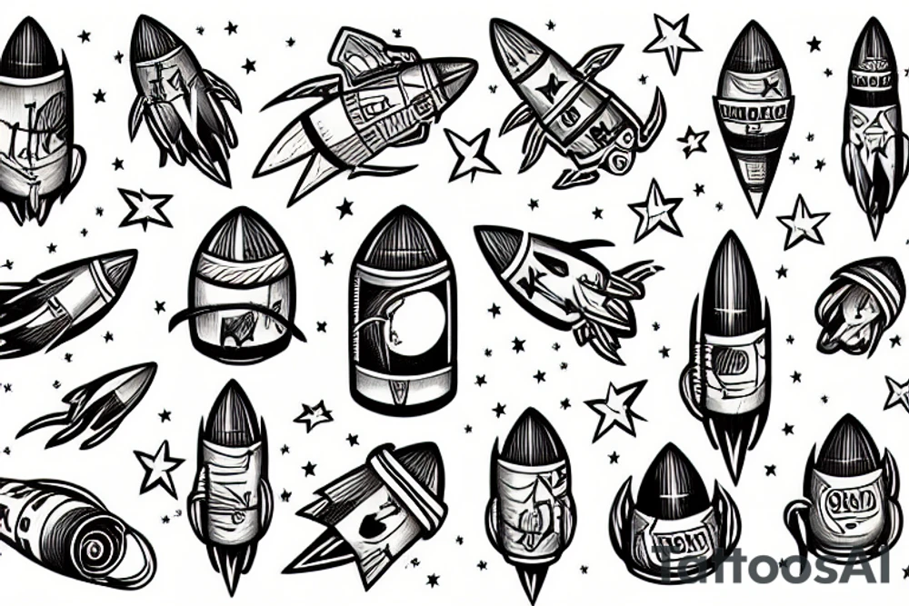 american traditional rocket taking off tattoo idea