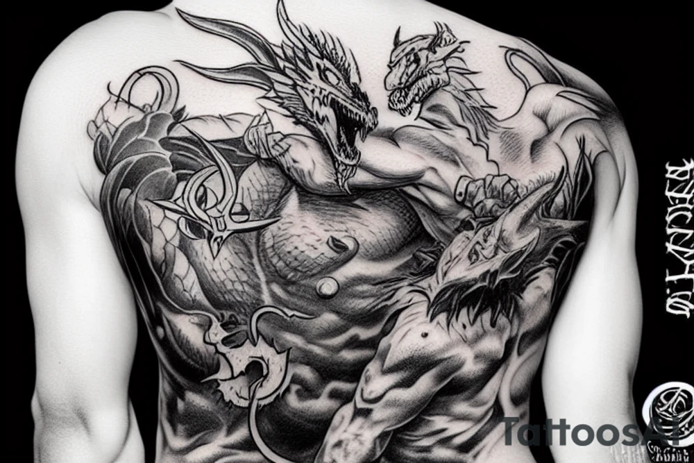 kratos fighting a dragon on a mountain tattoo idea