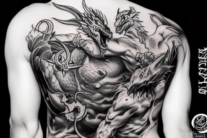 kratos fighting a dragon on a mountain tattoo idea