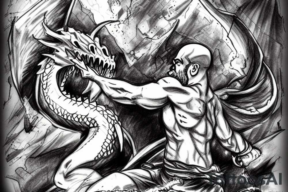 kratos fighting a dragon on a mountain tattoo idea