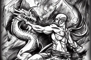 kratos fighting a dragon on a mountain tattoo idea
