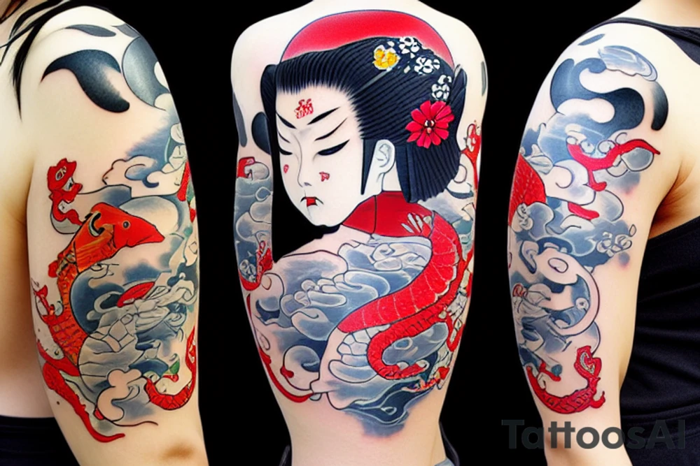 Geisha whit oni mask and koi fish tattoo idea